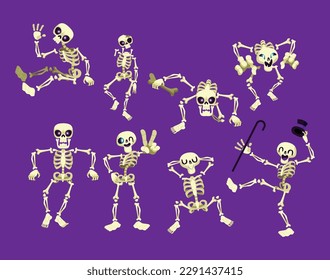 Hand drawn flat halloween skeletons collection Vector Cartoon Illustration