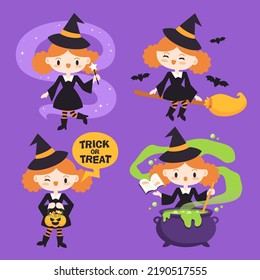 Hand drawn flat Halloween witches collection.