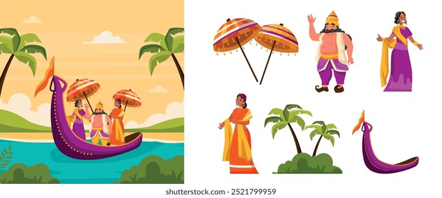 Hand drawn flat happy onum icon with illustration set
