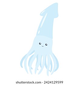 Hand drawn flat happy sea squid. Cartoon calamar character, aquatic fauna creature flat vector illustration. Cute flat squid swimming cartoon vector icon illustration on white isolated background