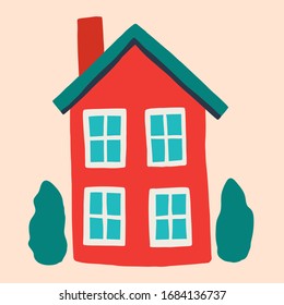 Casa plana dibujada a mano. Concepto de quedarse en casa. Cuarentena. Elemento para el diseño de infografía , guía, folleto, folleto o sitio web