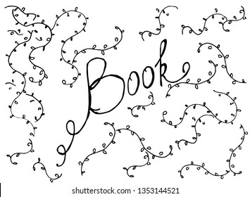 Hand drawn flat illustration. Book. Ideas for logo. Lettering in the leaves