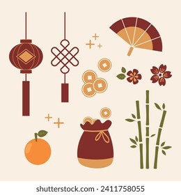 Hand drawn flat illustration of cute prosperity auspicious sticker pack. Doodle set of lantern, traditional coin, fan, orange, bamboo, money bag, flower element. For Chinese New Year Japanese concept