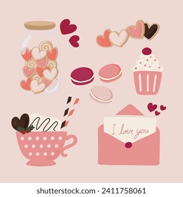 Hand drawn flat illustration of cute pastel pink sticker pack. Doodle set of heart shape cookie jar, pastry, macaron, love letter, cupcake, drinks. For Valentine's day, birthday, wedding concept