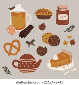 Hand drawn flat illustration of cute cozy autumn thanksgiving doodle elements. Set of pie, jam, cookie, pretzel, tea, pumpkin pie, drinks, pastry, cafe bakery. For poster, sticker, banner, artwork