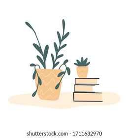 Handgezeichnete flache Illustration von dekorativen Hauspflanzen in Töpfen einzeln auf weißem Hintergrund.