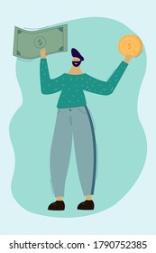 Hand drawn flat illustration with a man with dollars in hands. Man with coins and dollars. Money earnings and savings. 