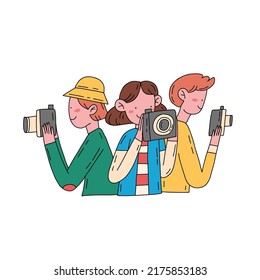 Hand drawn flat illustration in minimal style with people holding cameras and taking a pictures isolated on white background. 