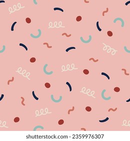 Hand drawn flat illustration of seamless confetti elements pattern on pink background. Concept for holidays, birthday celebration, surprise, gift wrap