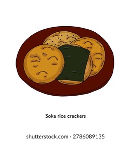Hand drawn flat illustration of Soka rice crackers Japanese traditional snack for tourism and promotion use