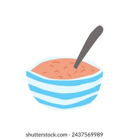 Hand drawn flat illustration of a soup or cereal bowl. Tomato or red lentil soup. Light blue striped bowl with spoon