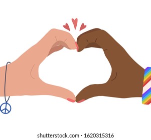Hand drawn flat illustration of two woman hands with heart shape. Lesbian hippie pair. Love couple. Greeting card for Valentines Day. Vector card for invitation, banner and your creativity