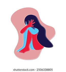 Hand drawn Flat illustration of violence against women or gender violence. Vector illustration women hiding his face with hand.