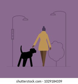 Hand drawn flat illustration walking with dog on the violet background