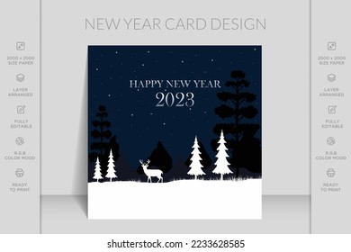 Hand drawn flat illustration winter landscape design. Merry Christmas and happy new year template. 