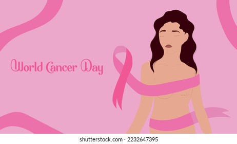 Hand drawn flat, international world cancer's day against pink ribbon - pink background