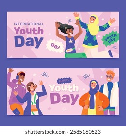 Hand drawn flat international youth day horizontal banner template set