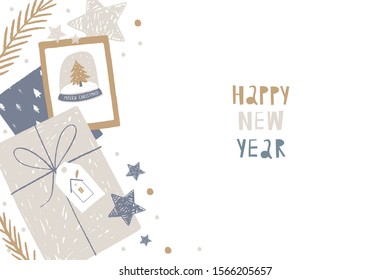 Hand Drawn Flat Lay Merry Christmas. Vector Happy New Year print 2020. Winter Flat lay with gifts, stars, sparkles, box, card and Christmas tree branch