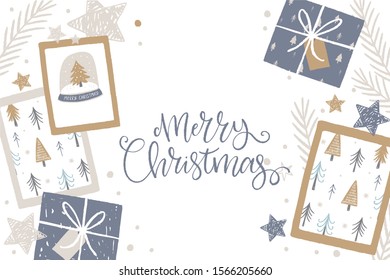 Hand Drawn Flat Lay Merry Christmas. Vector Happy New Year print 2020. Winter Flat lay with gifts, stars, sparkles, box, card and Christmas tree branch