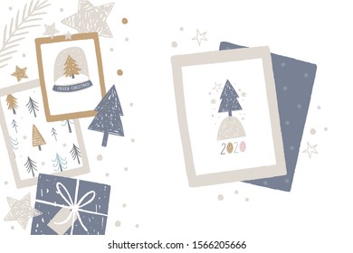 Hand Drawn Flat Lay Merry Christmas. Vector Happy New Year print 2020. Winter Flat lay with gifts, stars, sparkles, box, card and Christmas tree branch