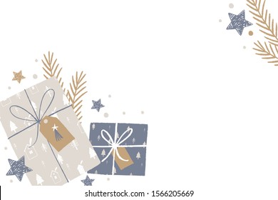 Hand Drawn Flat Lay Merry Christmas. Vector Happy New Year print 2020. Winter Flat lay with gifts, stars, sparkles, box, card and Christmas tree branch