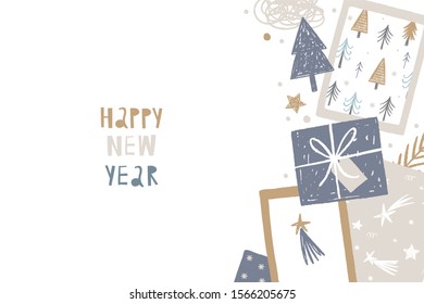 Hand Drawn Flat Lay Merry Christmas. Vector Happy New Year print 2020. Winter Flat lay with gifts, stars, sparkles, box, card and Christmas tree branch