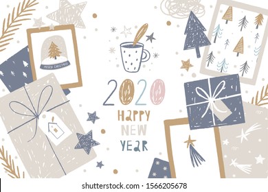 Hand Drawn Flat Lay Merry Christmas. Vector Happy New Year print 2020. Winter Flat lay with gifts, stars, sparkles, box, card and Christmas tree branch