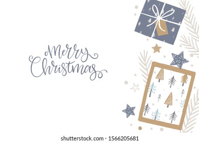 Hand Drawn Flat Lay Merry Christmas. Vector Happy New Year print 2020. Winter Flat lay with gifts, stars, sparkles, box, card and Christmas tree branch