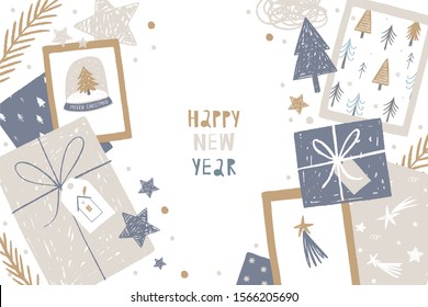 Hand Drawn Flat Lay Merry Christmas. Vector Happy New Year print 2020. Winter Flat lay with gifts, stars, sparkles, box, card and Christmas tree branch