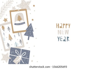Hand Drawn Flat Lay Merry Christmas. Vector Happy New Year print 2020. Winter Flat lay with gifts, stars, sparkles, box, card and Christmas tree branch