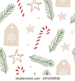 Hand Drawn Flat Lay Merry Christmas. Vector Happy New Year seamless pattern 2020. Winter Flat lay with gifts, stars, sparkles, box, card and Christmas tree branch