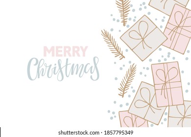 Hand Drawn Flat Lay Merry Christmas. Gift boxes, evergreen branches, Merry Christmas text with empty space. Hand drawn design for banner, flyer, brochure, card, poster. Winter holiday design.
