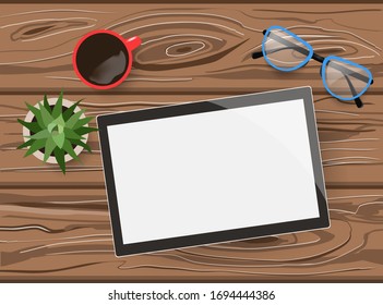 Hand drawn flat lay Mockup of blank tablet, eyeglasses and a cup of coffee on brown wooden table