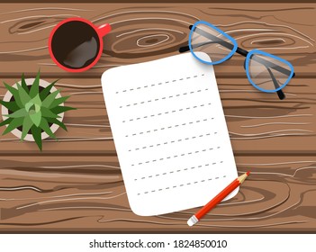 Hand drawn flat lay Mockup of blank sheet of paper, eyeglasses, green plant and a cup of coffee on brown wooden table