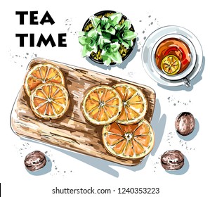 Hand drawn flat lay set with orange slices on cutting board, cup of tea, green flowerpot, nuts. Beautiful table set with food and drink. Sketch.