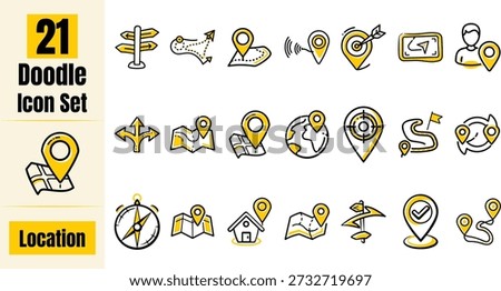 Hand Drawn Flat Location Doodle Icon Set – Map, GPS, Navigation and Destination Vector Collection