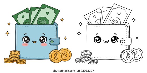  Hand drawn flat money and Wallet vector Clipart Illustration with a white background 