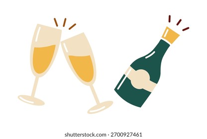 Hand drawn flat New Year celebration set with champagne bottle and two clinking glasses. Festive vector isolated illustration. 