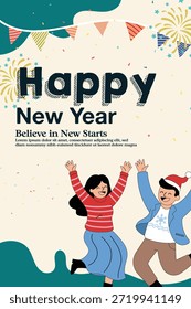 Hand drawn flat new year party flyer template
