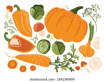 Hand drawn flat 
orange and green vegetables set: 
pepper, mushrooms, carrots, pumpkin, onions, Blussel sprouts, dill.