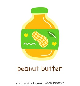 Hand drawn flat peanut butter in closed bottle isolated on white background. Vegan high protein.