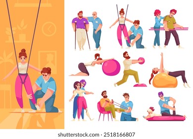 Handgezeichnete flache Physiotherapie-Symbole mit Illustrationssatz