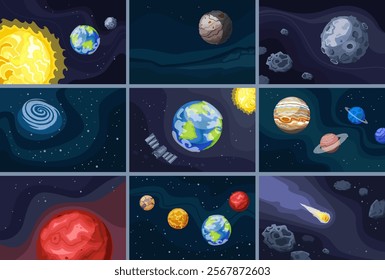 Hand drawn flat planets mini compositions collection