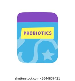 Suplemento de probióticos planos desenhados à mão em frasco de plástico isolado sobre fundo branco. Microflora intestinal saudável.