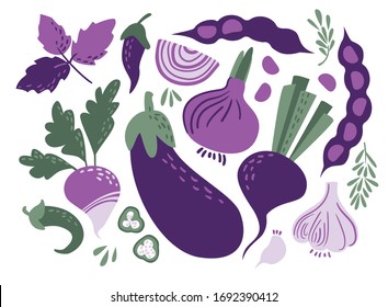 Hand drawn flat 
purple and green vegetables set: 
eggplant, onions, beans, hot peppers, radishes, beetroot, garlic, rosemary, basil