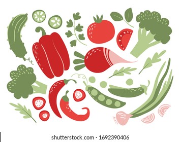 Hand drawn flat 
red and green vegetables set: pepper, cucumber, radish, tomato, peas, broccoli, onion, arugula, parsley.