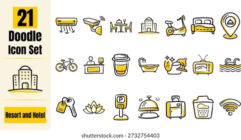 Hand Drawn Flat Resort and Hotel Doodle Icon Set – Hospitality, Travel, Accommodation and Service Vector Collection