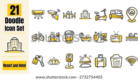 Hand Drawn Flat Resort and Hotel Doodle Icon Set – Hospitality, Travel, Accommodation and Service Vector Collection