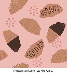 Hand drawn flat seamless pattern vector illustration of croissant bakery. Sweet breakfast pastry with sugar and chocolate toppings.For wallpaper, texture, background, gift wrap, print