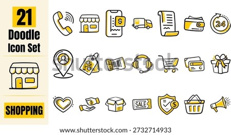 Hand Drawn Flat Shopping Doodle Icon Set – E-commerce, Retail, Payment and Delivery Vector Collection